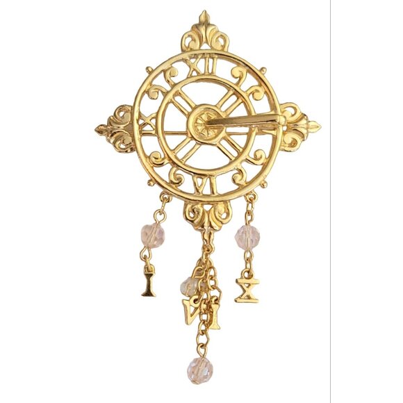 Kirks Folly 315 Clock, Crystal And Number Dangle Charm Brooch, Signed M246